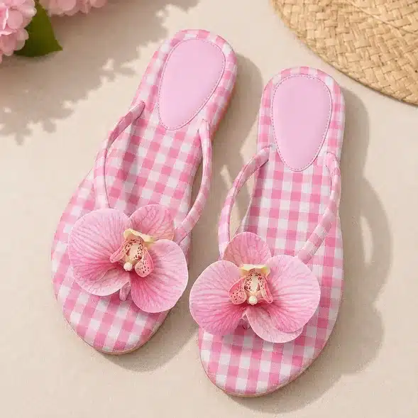 Women's Floral Checkered Flat Flip Flops – Lightweight Casual Summer Slippers